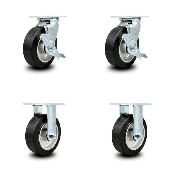 6 Inch Rubber on Aluminum Caster Set with 2 Brakes/Swivel Lock 2 Rigid SCC